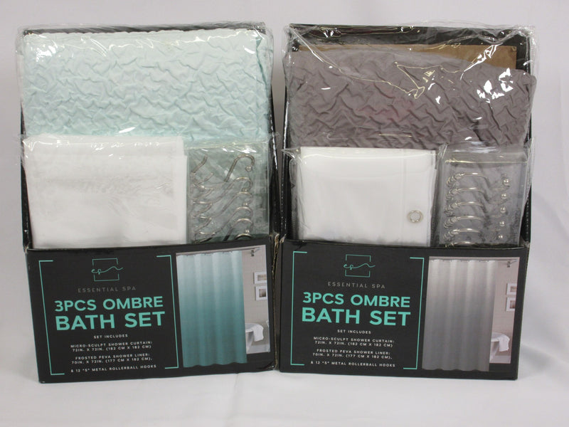 Lot Of 2 ESSENTIAL SPA 3 pcs Ombre Bath Set Shower Curtain, Liner, 12 Metal